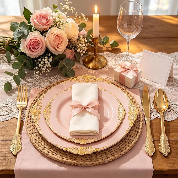 125PCS Pink and Gold Plastic Plates - Pink Disposable Plates - Vintage Plate with Gold Plastic Silverware Set for 25 Guests for Weddings Baby Shower Parties