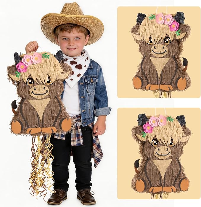 WERNNSAI Highland Cow Piñata - Scottish Cattle Piñata with Blindfold and Bat for Boys Girls Animal Farm Birthday Party Supplies Cute Floral Baby High Land Cow Country Party Favors Gifts Decor