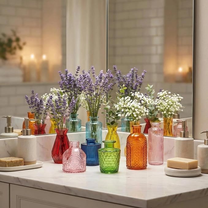 32 PCS Assorted Vintage Bud Vases, Colorful Glass Small Vases Bulk, for Centerpieces, Wedding Table Decor, Home Decorations & Gifts (Colorful rieires)