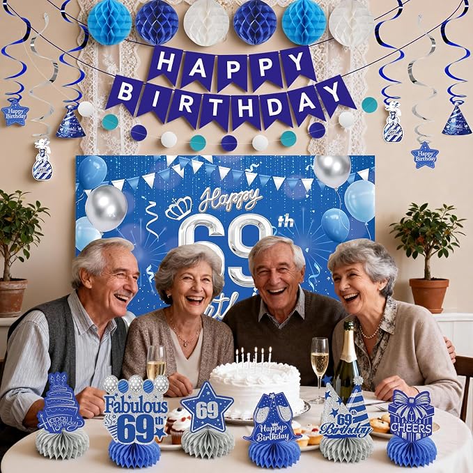 Happy Birthday Party Decoration Set: Including Birthday Banner Backdrop, Party Table Centerpieces and Hanging Swirl Party Streamers, Birthday Decor Suppliers for Men and Women (Blue, 69th Birthday)