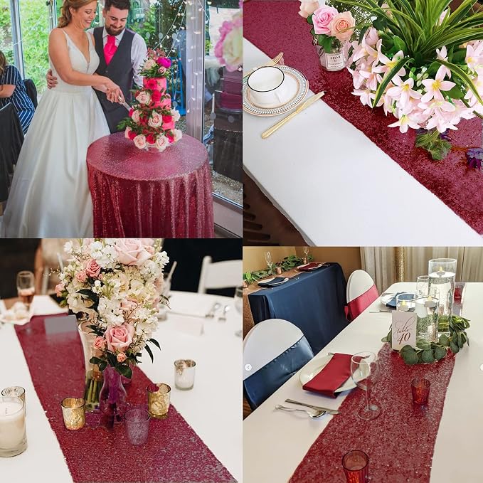 12 Packs Sequin Table Runner Glitter Dining Table Runner for Birthday Wedding Engagement Bridal Baby Shower Bachelorette Holiday Celebration Party Supplies Decorations (12" x 72", Burgundy)