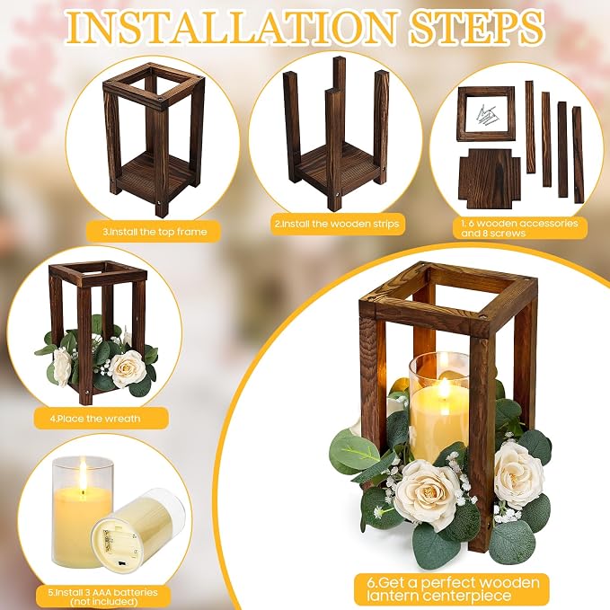 18 Pcs Wooden Lantern Centerpiece - Wedding Lantern with Roses Candles Rings LED Flameless Candles Rustic for Wedding Party Farmhouse Table Centerpieces Decor, Champagne Roses