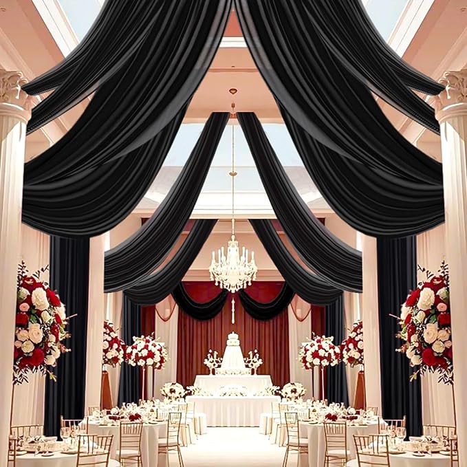 DUOBAO Black Chiffon Sheer Wedding Backdrop Curtains 5x20 FT - 4 Panels Tulle Drapes Fabric Arch Drapery, Photography Background with Rod Pocket for Stage Tent Canopy, Birthday Arch Drapery