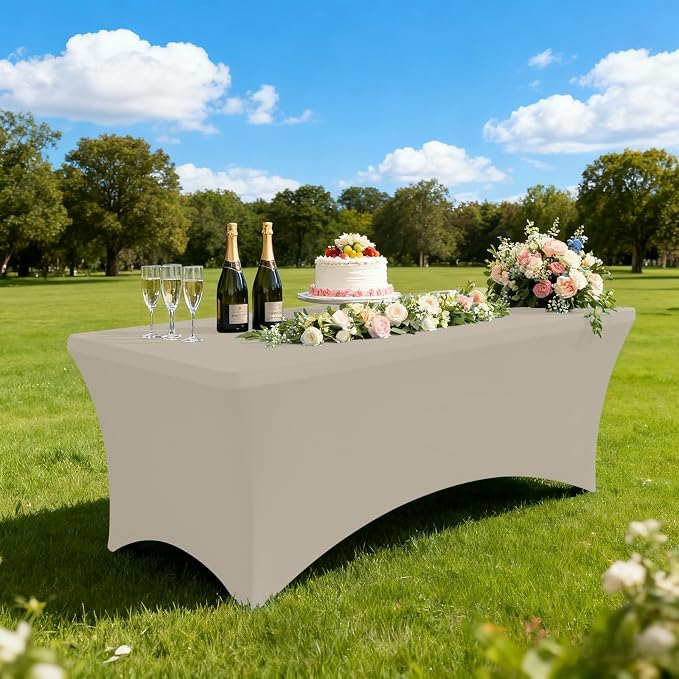 Moosfor Spandex Elastic Fitted 6FT Rectangle Tablecloth 6 Pack, Stretch Washable Reusable Table Cover for Outdoor Picnic, Dining, Wedding, Banquet & Party Events (Taupe, 72Lx30Wx30H Inch)