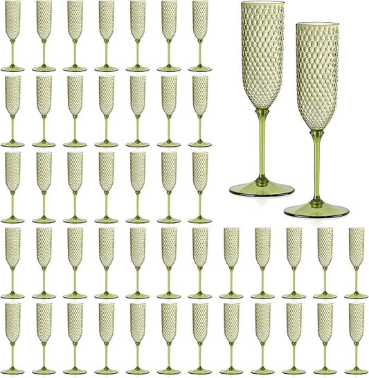 48 Pack Green Detachable 2 piece Champagne Flutes 5.5 Oz Unbreakable Plastic Mimosa Disposable Champagne Glasses Drinking Cups Stemmed Reusable Wine Toasting Glasses for Wedding (48, Olive Green)