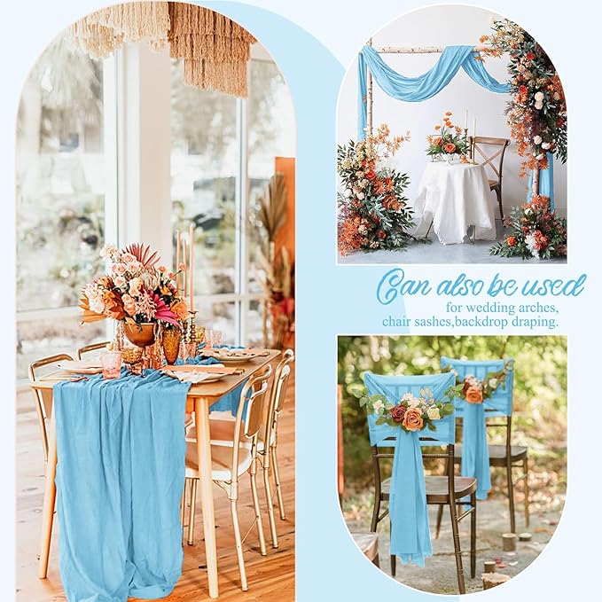 12 Pack Light Blue Cheesecloth Table Runner, 10FT Long Romantic Semi Sheer Cheesecloth Rustic Boho Table Runner for Wedding Birthday Bridal Shower Party Decorations(21.5×120 Inch)