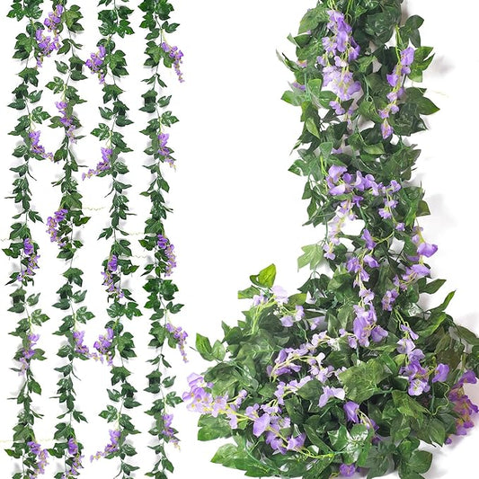 Mavee 28.8ft Artificial Wisteria Vine Garland (4x7.2ft), Silk Hanging Flowers Decor for Wedding Arch, Home Floral Arrangements - Lavender