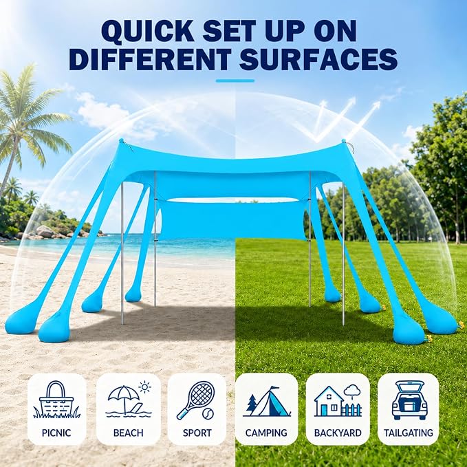 Large Beach Tent Sun Shelter with Sidewall, UPF80+ UV Protection Beach Tents Shade Canopy with 8 Sandbags, 4 Stability Poles for Sand, Camping, Fishing, Outdoor Tent Sun Shelters (11x11ft, Sky Blue)