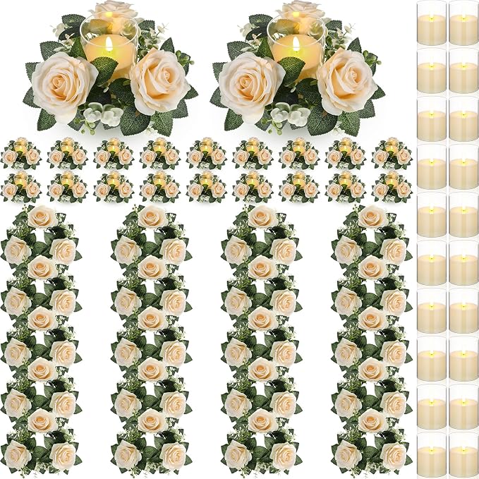 Yunlly 20 Pcs Rose Candle Rings with Flameless Candles Sets, Artificial Flower Eucalyptus Wedding Centerpiece 3 Inch Pillar Candleholders Wreaths for Wedding Party Mother's Day (Champagne)