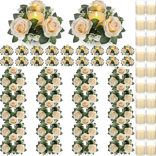 Yunlly 20 Pcs Rose Candle Rings with Flameless Candles Sets, Artificial Flower Eucalyptus Wedding Centerpiece 3 Inch Pillar Candleholders Wreaths for Wedding Party Mother's Day (Champagne)