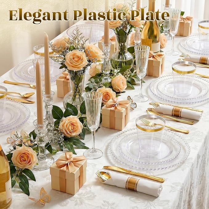 175pcs Plastic Dinnerware Set Clear 25 Guests for Wedding | Fancy Beaded Plastic Plates Include 50 Elegant Plastic Plates,25 Cups and 25 Pre Rolled Napkins with Cutlery Set