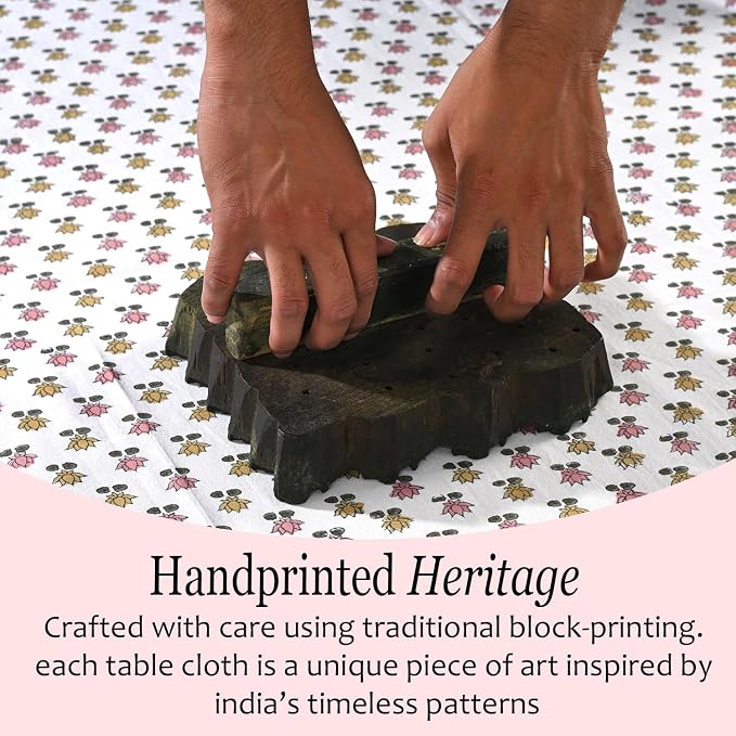 CPC Rosette Bloom Tablecloth 100% Cotton 60x60 Inch Indian Block Print Rectangle Table Cover, Table Cloth for Gifting in Weddings, Halloween, Fall, Christmas, Thanksgiving