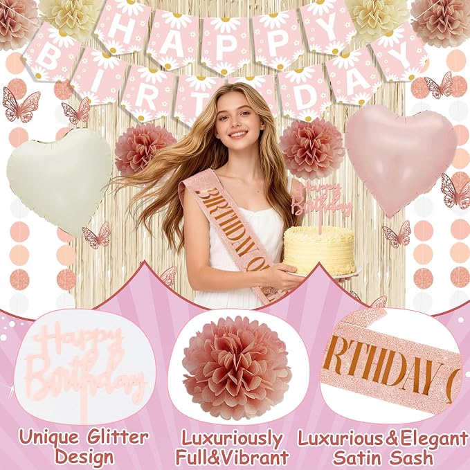 54Pcs Blush Beige Birthday Decorations, Birthday Decorations for Girls Boho Birthday Decorations with Flower Banner Balloons Sash Fringe Curtain Paper Pompoms Pink Birthday Decoration for Women