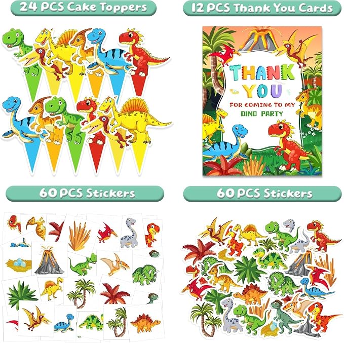 12 Pack Dinosaur Birthday Party Favors Decorations Supplies for Kids, Dino Theme Goodie Bags Fillers with Silicone Fidget Stretch Toys, 3D Dino Boxes, Bubble Wands, Hats, Slap Bracelets, Stickers
