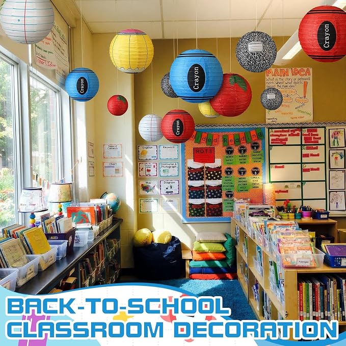Retisee 12 Pcs Back to School Classroom Paper Lanterns 10 Inch Classroom Hanging Decoration Pencil Crayon Apple Decorative Lanterns Ceilings Decor for First Day of School Welcome Party Supplies