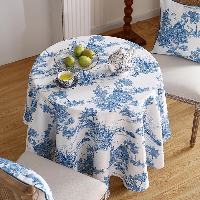 patdrea Elegant French Linen Tablecloth,Round,Diameter 55"-Lucerne A | Vintage Elegant Table Cloth for Round Table,Blue and White Chinoiserie Print,for Dining Room Tea Party Thanksgiving