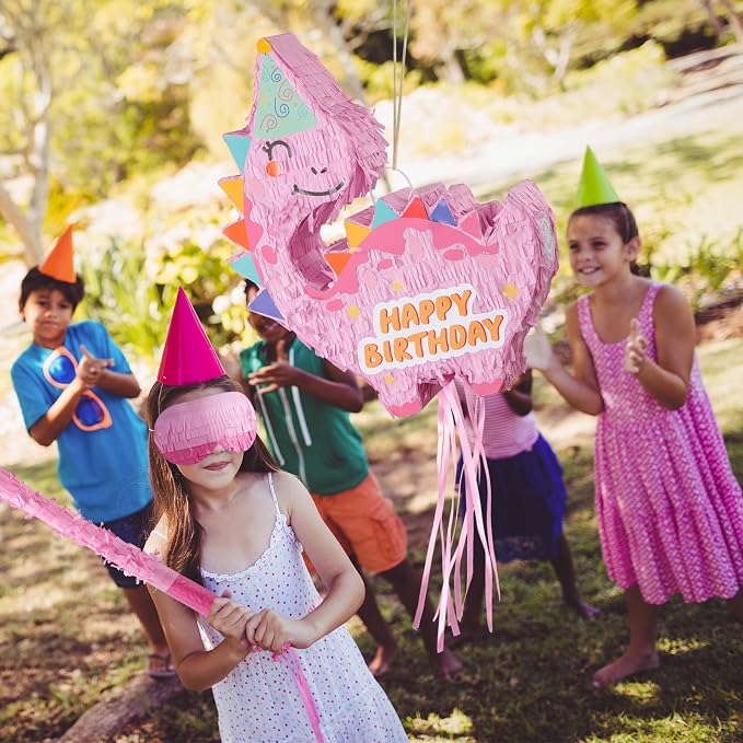 VinTS Pink Dinosaur Piñata Kids Dino Piñata with Blindfold Bat for Dinosaur Themed Party Game Girls Birthday Party School Activitives Dinosaur Birthday Decor(16.5x13x3.15in)