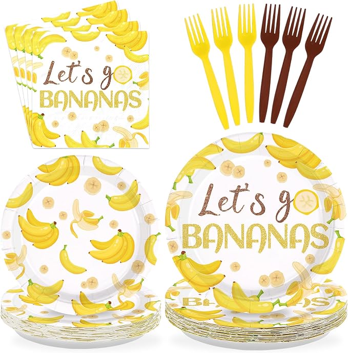 96PCS Yellow Banana Party Supplies Gold Glitter Fruit Plates And Napkins Let's Go Bananas Dessert Plates for Fruit Birthday Baby Shower Party Decorations Serves 24