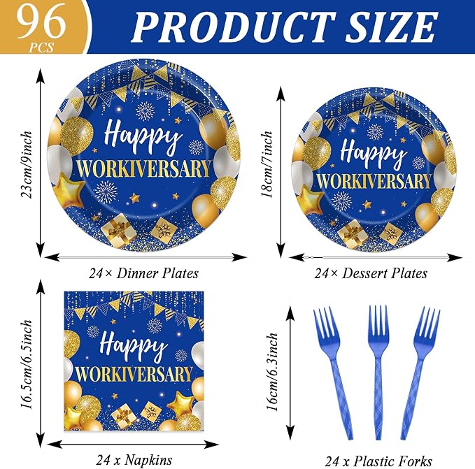 Justforjoyful 96Pcs Happy Work Anniversary Party Supplies Blue Gold Happy Workiversary Tableware Dinnerware Set Worker Appreciation Plates Napkins Decorations for Women Men Office Employee Worker