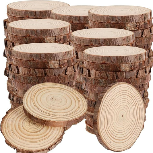 KINJOEK 100 PCS Natural Wood Slices 3.5-4 Inch with Bark Unfinished Wood Circles for Coasters DIY Crafts Wedding Decorations Christmas Ornaments