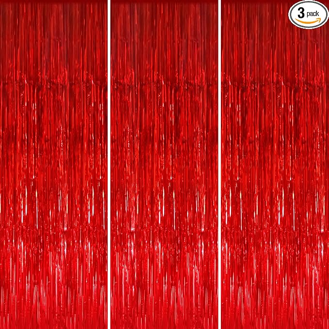 GOER 3.2 ft x 9.8 ft Metallic Tinsel Foil Fringe Curtains Party Photo Backdrop Party Streamers for Birthday,Graduation,New Year Eve Decorations Wedding Decor (3 Pcs, Red)
