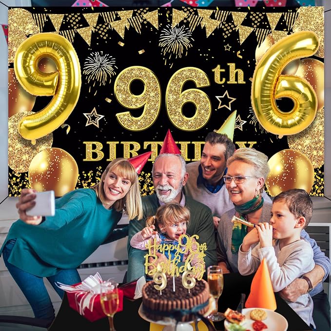 96th Birthday Decorations Men Women with 96th Birthday Banner, Black and Gold Table Cloth, Number Balloons, Large Sash, Cake Topper and Candles