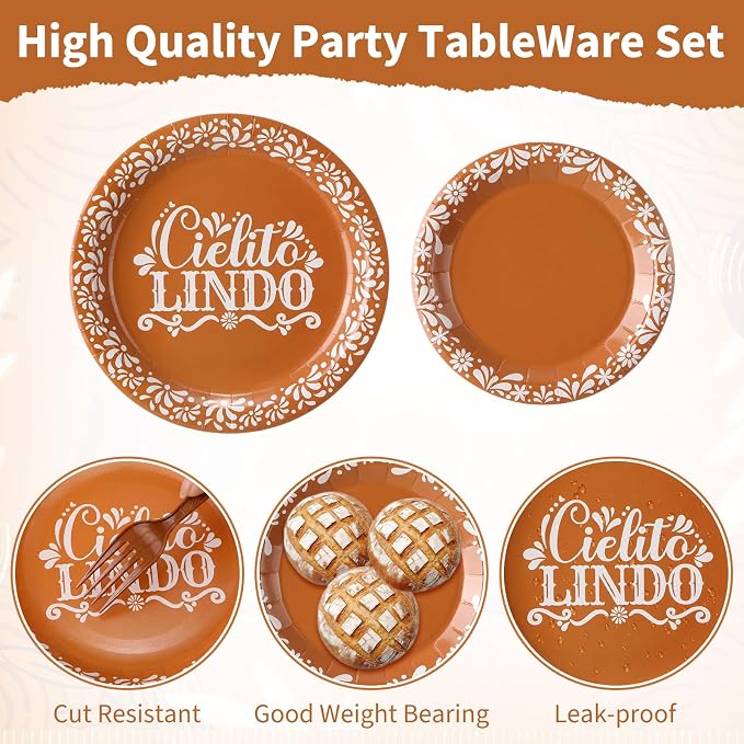 400 Pcs Cielito Lindo Party Decoration for 50, Terracotta Cielito Lindo Paper Plates Napkins Cups Cutlery Mexican Disposable Tableware for Cinco De Mayo Fiesta Baby Shower Birthday Supply