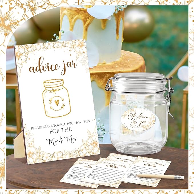 Jetec 74 Pcs Advice and Wishes for the Mr and Mrs 60 Pcs Wedding Advice Cards Advice and Wishes Jar Box Bridal Shower Advice and Wishes Cards for Bride and Groom Bridal Shower Decor(Gold Flower)