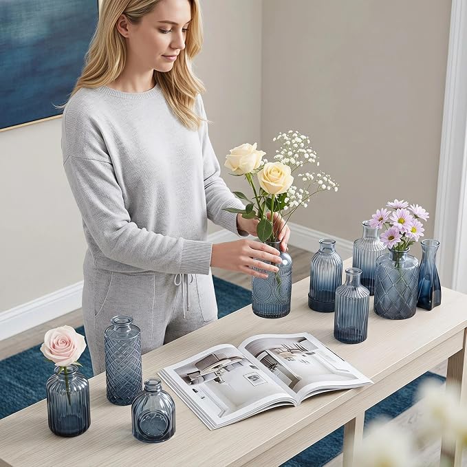 Mini Bud Vases Centerpieces for Tables,Clear Bud Vases for Flowers,Small Flower Vases Suitable for Birthday Party,Anniversary,Wedding Reception,Baby Shower (GradBlue, 12PCS)