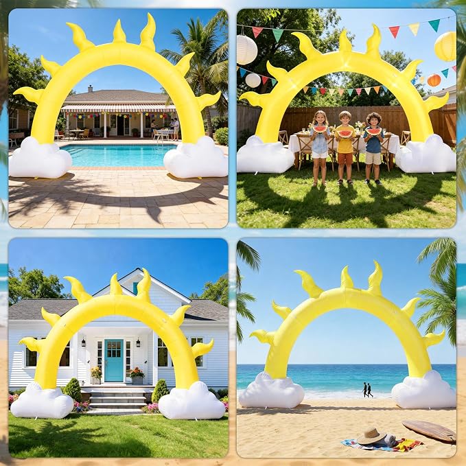 10 Ft Summer Sun Inflatables Arch Giant Sun Inflation Arch with LED Light Sunshine Theme Blow Up Archway for Summer Birthday Baby Shower Tropical Beach Pool Party Yard Lawn Blow-Up Backdrop Decor