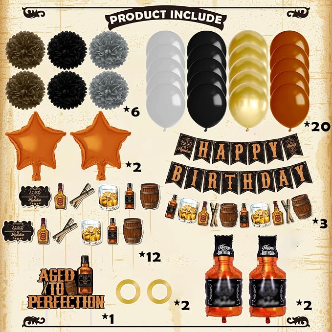 BORAMDO Whiskey Birthday Party Decorations for Men - Aged to Perfection Supplies including Birthday Banner, Cake Toppers, Foil Balloons, Tissue Paper Flowers (brown)