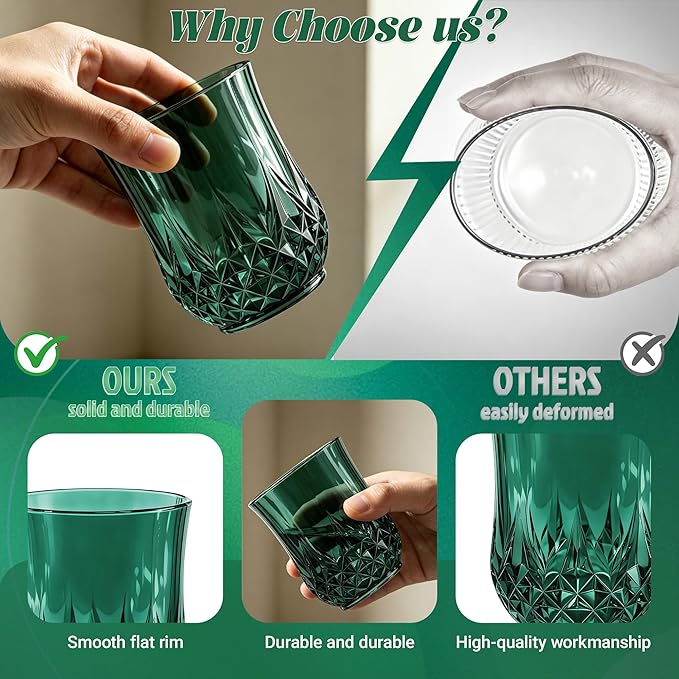 12 Pack Plastic Stemless Wine Glasses,12oz Unbreakable Vintage Elegant Drinking Glass Set,Reusable Fancy Cocktail Cups for Party, Wedding, and Bulk Events (12, 12oz-Dark Green)