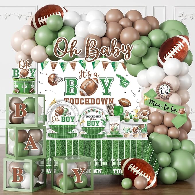 Cocomigo 287pcs Football Baby Shower Decorations for Sports Fans, All-in-one Green Football Baby Shower Set for 25 Guests, with Balloon Arch Thick Plates Tablecloths and Cupcake Toppers