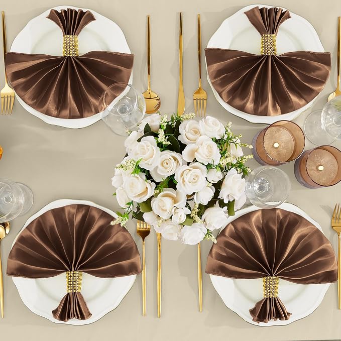 RUDONG M 100 Pcs Chocolate Brown Satin Napkins and Napkin Rings Set, 17 x 17 Inch Square Cloth Napkins Set of 50, Silky Soft Table Napkins Bulk for Weddings, Banquet, Parties Dinner Decoration