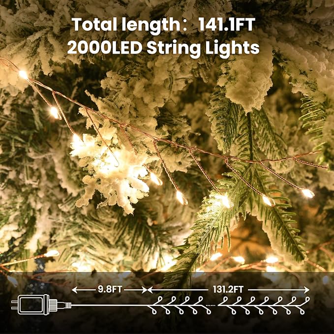 Dailyart Fairy Lights Plug in, 2000 Led Twinkle String Light with Remote 130Ft Waterproof 8 Modes Warm Cluster Lights with Timer for Bedroom Wreath Window Wedding Christmas Tree Decoration,Gold Wire