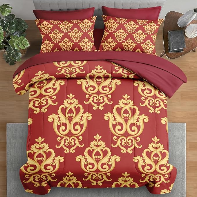 Pamnest Comforter Set Full Size, Vintage Floral Gold 7 Pcs Bedding for Kids and Adults, Medieval Burgundy Red Bed Sheet Sets with Fitted Sheet 2 Pillowcase & 2 Sham for Bedroom Bed Decor
