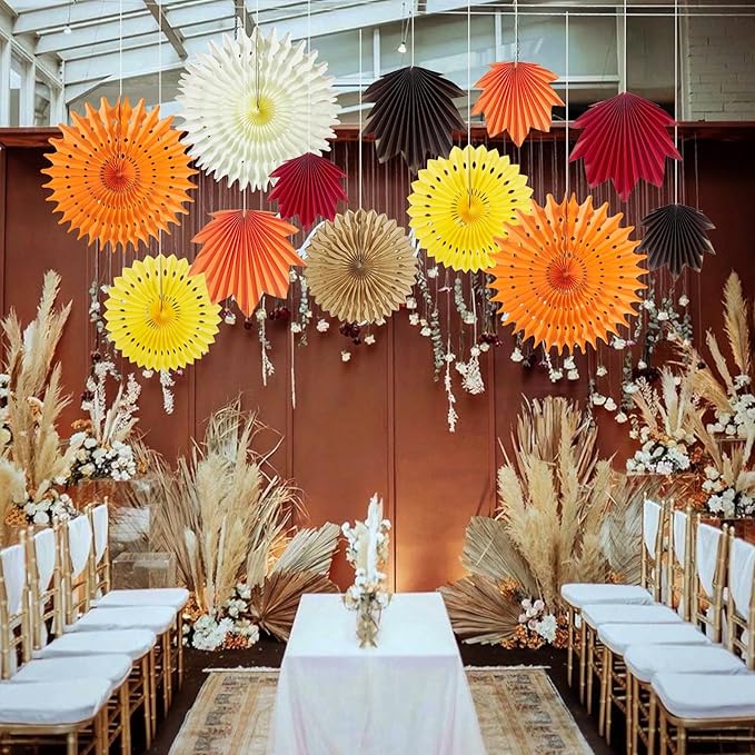 12 PCS Fall Party Decorations Maple Leaves Paper Fans Orange Hanging Paper Fans Paper Flowers Decorations for Wall for Autumn Thanksgiving Birthday Baby Shower Rustic Wedding Decorations, 14001-1215