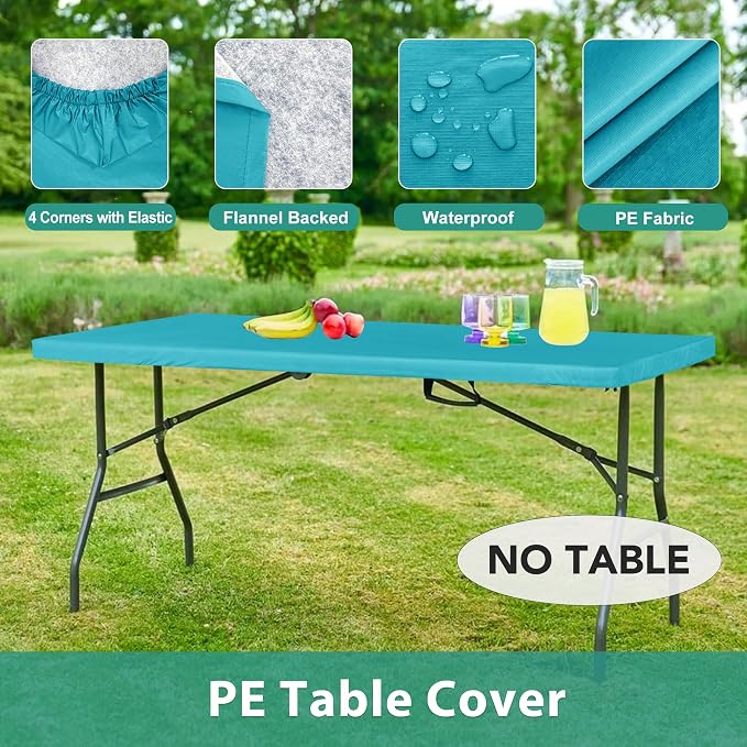 LUSHVIDA 6 Packs Vinyl Tablecloths with Flannel Backing for 8ft Rectangle Folding Table Cloths - Waterproof Plastic Picnic Table Covers with Elastic Corners, 30x96 inch, Teal