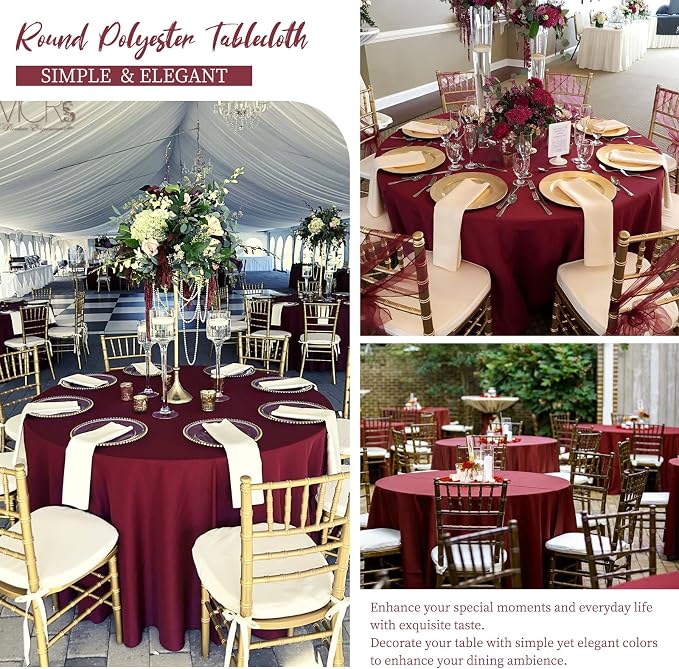 12 Pack Round Tablecloth 90 Inch - Burgundy Polyester TableCloth for Round Table, Premium Burgundy Tableclothes Washable Fabric Table Cover for Wedding Party Banquet Restaurant Reception Dining