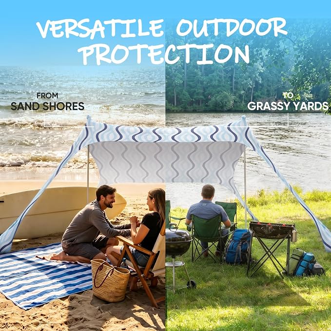 Sekey Aluminum Beach Shade Sun Shelter UPF 50+ - 6.5x6.5 FT Portable Beach Canopy with Windproof Rope & Stability Poles, Easy Setup Outdoor Tent for Camping, Backyard, Fishing, Picnics