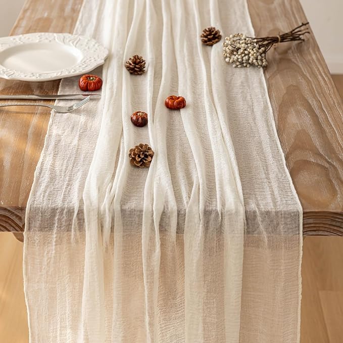 Keketoarrange 3pcs Ivory Gauze Rustic Cheesecloth Table Runner 120 Inch 10 FT for Wedding Baby Shower Bridal Shower Birthday Engagement Garden Outdoor Party Long Sheer Boho Decorations
