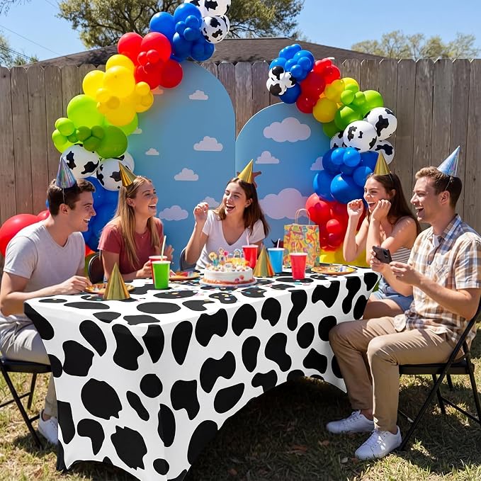 Frienda 4 Pcs Cartoon Story Tablecloth Birthday Party Supplies Spandex Stretch 71 x 30'' Cow Pattern Theme Sky Cloud Tablecloth Rectangle Cartoon Table Cover for Baby Shower Birthday Party Decoration