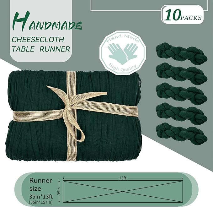 10 Packs Cheesecloth Table Runner Emerald Green, 10Ft x 35" Dark Green Rustic Gauze Boho Wedding Table Runner Decoration, Wedding Table Decor Table Cloth for Wedding Party Bridal Shower Table