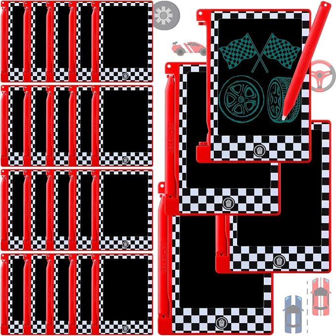 Nezyo 24 Pack Race Car Theme Party Favors Mini LCD Writing Tablet 4.6 Inch Doodle Board Drawing Tablet Erasable Reusable Electronic Drawing Pads for Race Car Party Decor Birthday Supplies