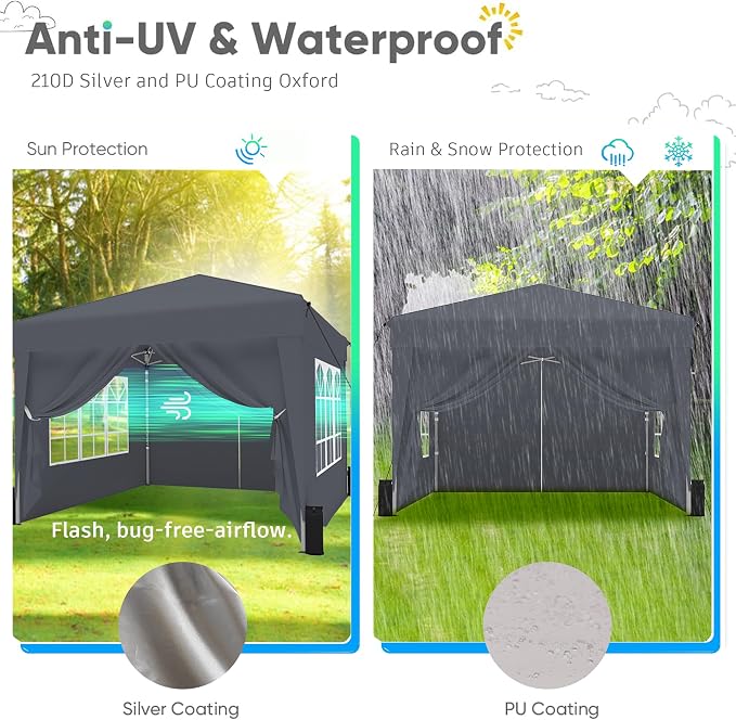 SANWAY 10x10 Pop Up Canopy with Sidewalls x 4 – Easy Setup Canopy Tent, Waterproof, UV-Resistant, Portable with Carry Bag for Outdoor Events, Camping, and Backyard Parties – Dark Gary