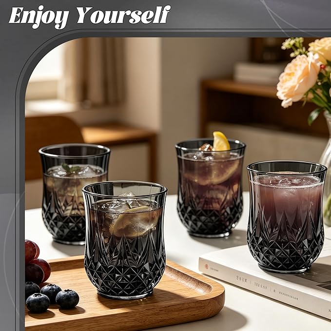 40 Pack Plastic Stemless Wine Glasses,12oz Unbreakable Vintage Elegant Drinking Glass Set,Reusable Fancy Cocktail Cups for Party, Wedding, and Bulk Events (40, 12oz-Black)