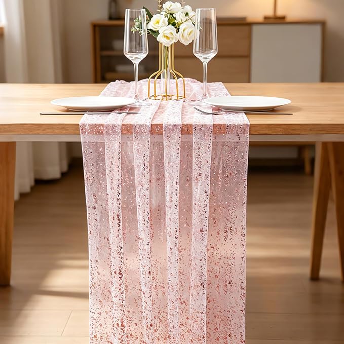 BINBE 3PCS Rose Table Runner 10Ft Sheer Chiffon Fabric Cheesecloth Sequin Glitter Table Runner for Wedding Birthday Party Decor
