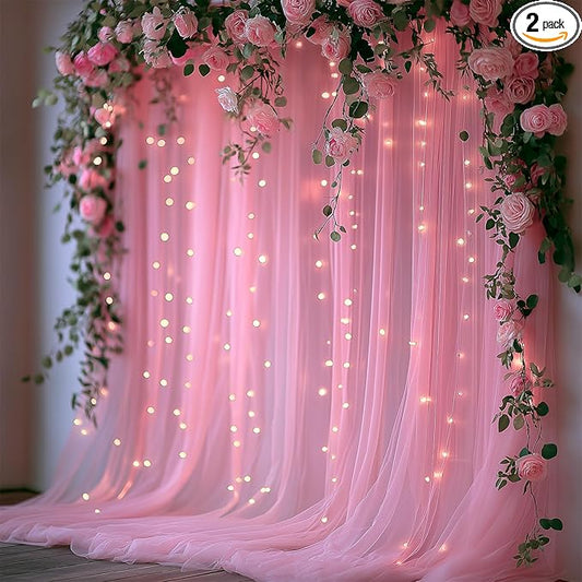 10x10ft Pink Tulle Backdrop Curtain with Lights String Sheer Drapes for Baby Shower for Girls, Bridal Shower, Birthday, Photo Booth, Party, Home Decor (2 Panels, Pink)
