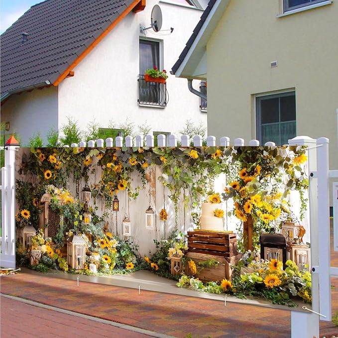 Sunflower Garage Door Banner 7x16ft Waterproof -Rustic Farmhouse Backdrop with Greenery,Wedding &Birthday Decor,Photo Booth Background