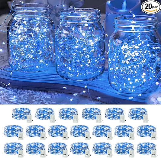 20 Pack LED Fairy Lights Battery Operated,3 Features Blinking Slowly Blinking & just on 7FT 20 LED Waterproof Mini Twinkle String Lights for Wedding Mason Jars Party Christmas Decorations,Blue